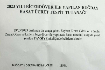 2023 yılı Buğday hasat ücreti 135 TL olarak Tavsiye edildi