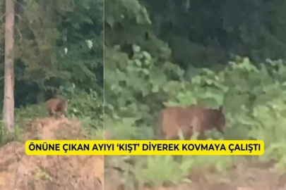 Önüne çıkan ayıyı ‘kışt’ diyerek kovmaya çalıştı