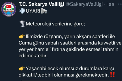 Sakarya Valiliği fırtına için uyardı