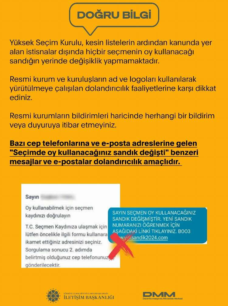 İletişim Başkanlığı'ndan önemli uyarı Seçimde oy kullanacağınız sandık değişti mesajları dolandırıcılığa dikkat! 2