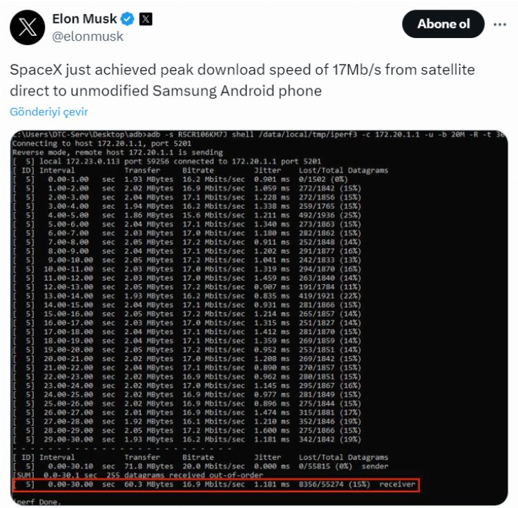 Starlink uydusu, modifiye edilmemiş bir telefonla 17 Mbs indirme hızına ulaştı 2
