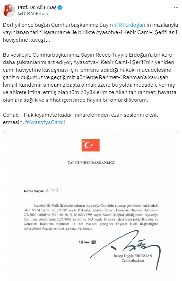 Diyanet İşleri Başkanı Erbaş'tan Ayasofya paylaşımı Ezan sesleri kıyamete kadar eksik olmasın 2