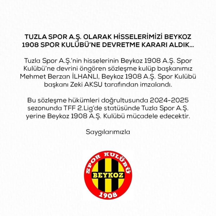 Tuzlaspor, TFF 2. Lig haklarını Beykoz 1908 SK'ya devretti 2