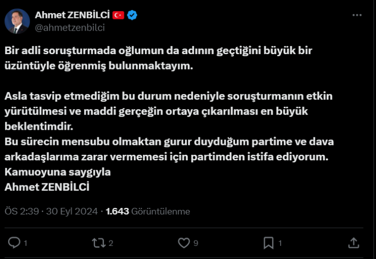 AK Parti Adana Milletvekili Ahmet Zenbilci sosyal medya hesabından adına istifa ettiğini duyurdu.