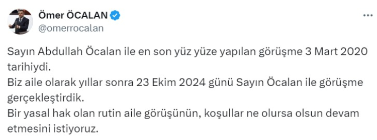 DEM Parti milletvekili Ömer Öcalan, PKK lideri Abdullah Öcalan'la İmralı'da görüştüklerini duyurdu 2