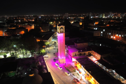 Adana'nın tarihi mekanları kadına şiddete karşı aydınlandı